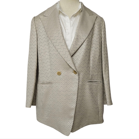 Escada Margaretha Ley Silk And Wool Chevron Blazer In Beige And Blue Sz 42 NWT - Picture 2 of 10